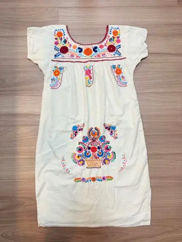 멕시코 자수 원피스 손자수 오아하카풍 꽃무늬 아이보리 민족 의상 리조트