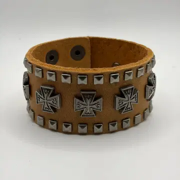 아이언 크로스 스터드 가죽 팔찌 펑크 락 바이커 브라운