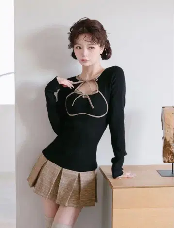 포인트 체크 니트 미니 원피스