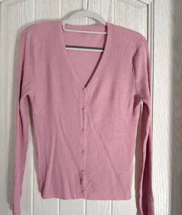 리브 핑크 긴팔 가디건