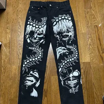 그래픽 프린트 블랙 데님 팬츠 도쿄 구울 카네키 켄