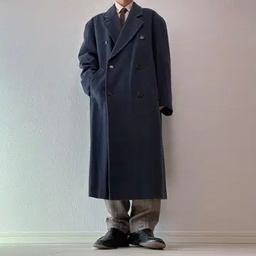 70s 빈티지 더블 체스터 코트 롱 코트 퍼플 네이비