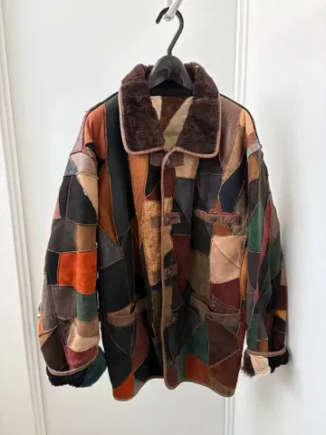 BONBEC 패치워크 무스탕 코트 양가죽 가죽 안감 퍼 M 멀티 컬러