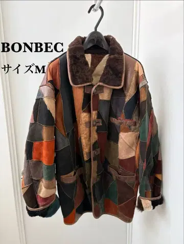 BONBEC 패치워크 무스탕 코트 양가죽 가죽 안감 퍼 M 멀티 컬러