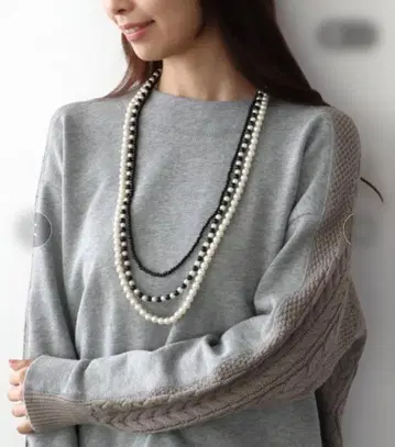 새상품 Three Four Time BLACK x 펄 3연 롱 목걸이