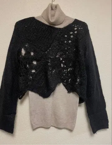 ALFASPIN 레이스 편직 블랙 터틀넥 스웨터