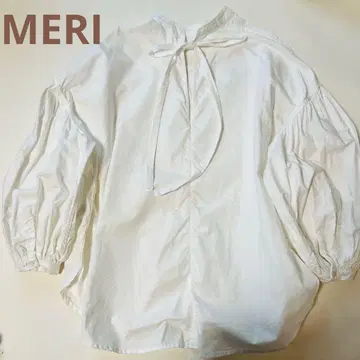 MERI 미 벌룬 슬리브 블라우스 v넥 리본 화이트 F