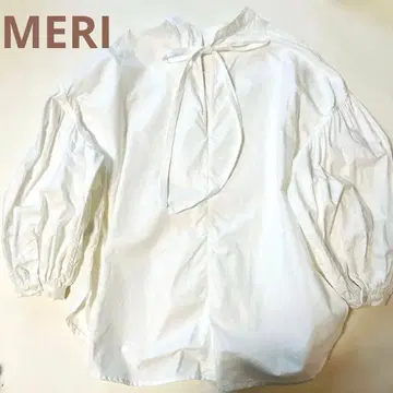 MERI 미 벌룬 슬리브 블라우스 v넥 리본 화이트 F