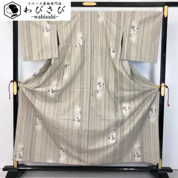 츠무기 기모노 세로 줄무늬 패턴 염색 표주박 무늬 짚색 K-5575