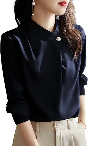 네이비 스탠드 카라 블라우스