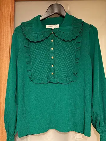 슈퍼 뷰티 프릴 둥근 카라 니트 풀오버 그린 니트 44 L L