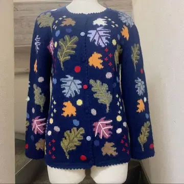 알파카 하우스 가디건 네이비 컬러 잎 패턴 ALPACA HOUSE