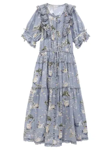 핑크하우스 SWAN LAKE 프린트 원피스 포그 블루