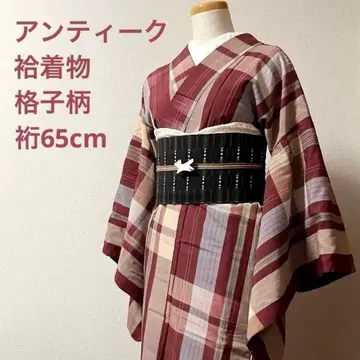 앤티크 기모노 이중 기모노 적동색 격자 무늬 체크