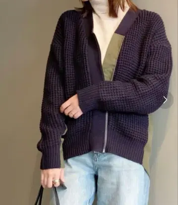 리브 드와 지퍼 니트 가디건 카키