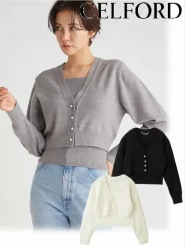 CELFORD 그레이 크롭 가디건 탱크탑