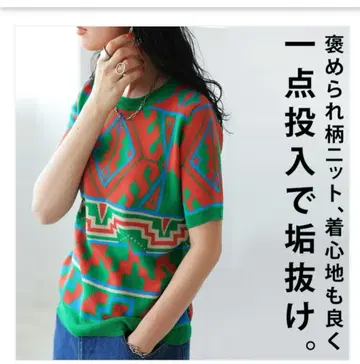 안티카 지오메트릭 니트 반팔 상의 그린 레드