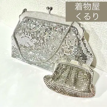 기모노 가게 쿠루리 앤티크 실버 메탈 메쉬 가마구치 파티 백