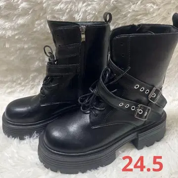 유메텐보 통굽 숏부츠 24.5 더블 벨트 사이드 지퍼