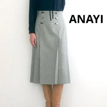 새상품급 아나이 ANAYI 체크 턱 스커트 하운드투스 체크 블랙 36