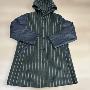 다크 그린 스트라이프 롱 코트 이소재 믹스