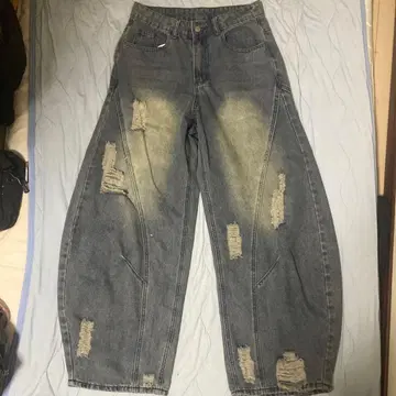 [레어판] 스트릿 스타일 데미지 가공 와이드 레그 팬츠 다크 그레이