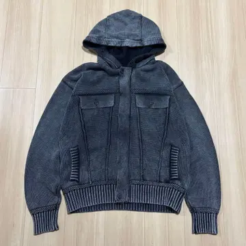 후드 니트 자켓 후드티 피그먼트 가공 페이드 니트 후드티 블랙