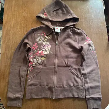 ROXY 브라운 집업 후드티 꽃무늬 자수 로고 마크 프린트 디자인