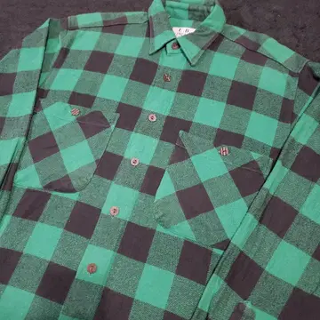 90s 플란넬 셔츠 그린 블록 체크 버팔로 체크