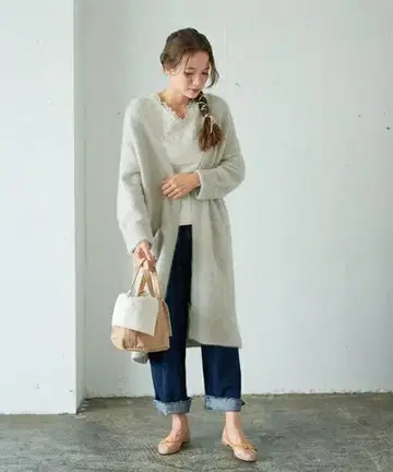 PUAL CE CIN 폭스 V넥 롱 가디건 베이지 아이보리