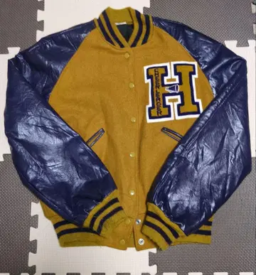 미국제 바시티 자켓 머스타드 x 퍼플 천연 가죽 아메카지 vintage