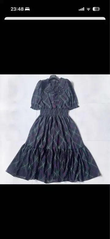 다크 블루 체크 무늬 반팔 롱 원피스 랄프 로렌