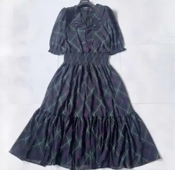 다크 블루 체크 무늬 반팔 롱 원피스 랄프 로렌