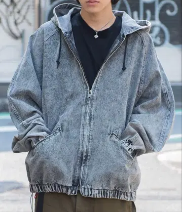 빈티지 스타일 하드 워시 데님 지퍼 후드티