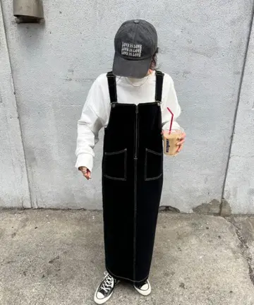 ISOOK 하프 지퍼 롱 오버롤 스커트 점프 스커트 블랙