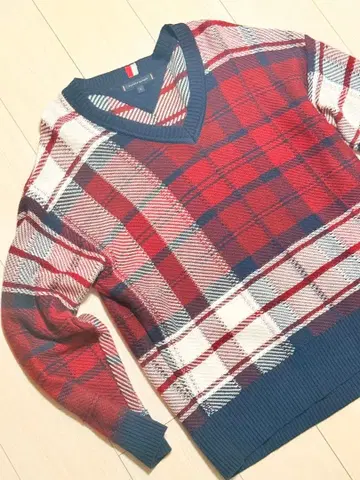 영국 구매 일품 클래식 타탄 체크 니트 V넥 스웨터 타미힐피거