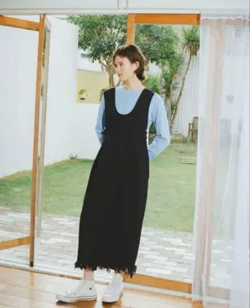 PINUE 프린지 데님 오버롤 스커트 블랙 pinue M