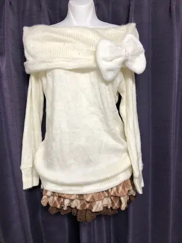 레어 LIZLISA 빅 리본 오프숄더 니트 펄 복슬복슬 히메 스타일