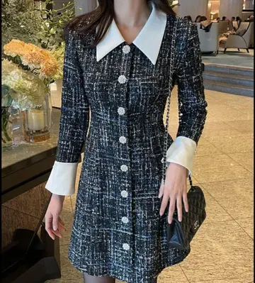 배색 트위드 원피스 긴팔