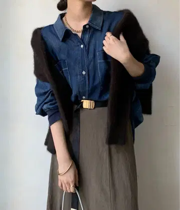 DouDou 소매 리브 시어 데님 셔츠