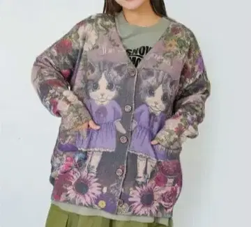 고양이 자매의 비밀의 화원 패턴 기모 니트 가디건 미사용 새상품