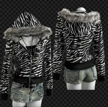 y2k 헤이세이 갸루 그런지 시크 스타일 제브라 패턴 punk 퍼 후드티