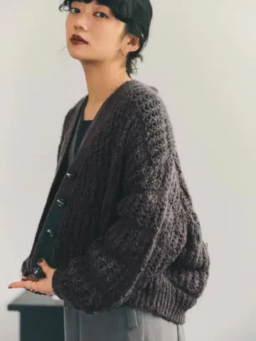 [ 새상품급 ] STRATA 라멜로 믹스 로우 게이지 가디건 그레이