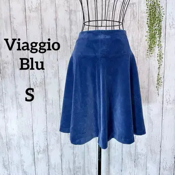 비아죠 블루 플레어 스커트 S 벨로아 무릎 기장 골드 지퍼 파랑
