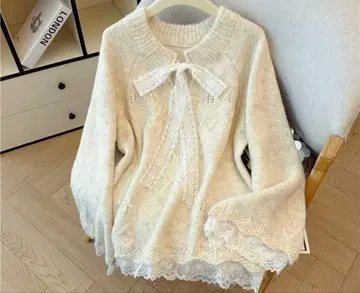 리본 포함 아이보리 니트 스웨터 S 사이즈