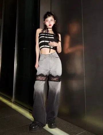 Darichi 스캘럽 레이스 데님 롱 팬츠 M 블랙