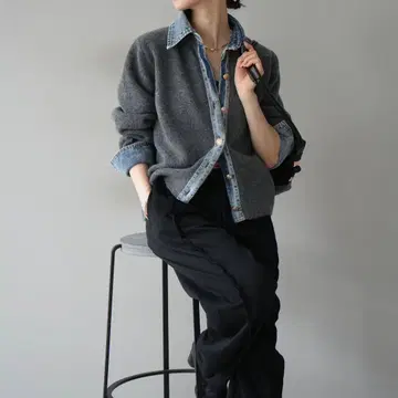 뤼미에 공식 데님 옷깃 버튼 니트 가디건 차콜 lumier