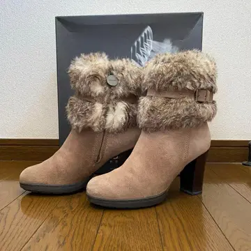 GEOX 퍼 포함 베이지 스웨이드 부츠 22.5cm 힐 8cm