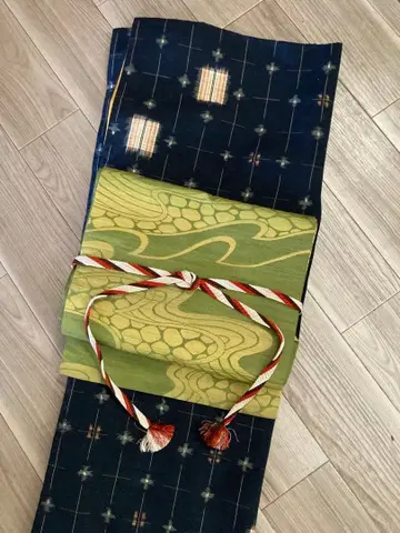 츠키모토 기모노 순수 실크 카스리 이중 기모노 기모노 오비 세트 허리띠