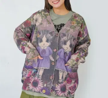 고양이 자매의 비밀의 화원 패턴 기모 니트 가디건 미사용 새상품